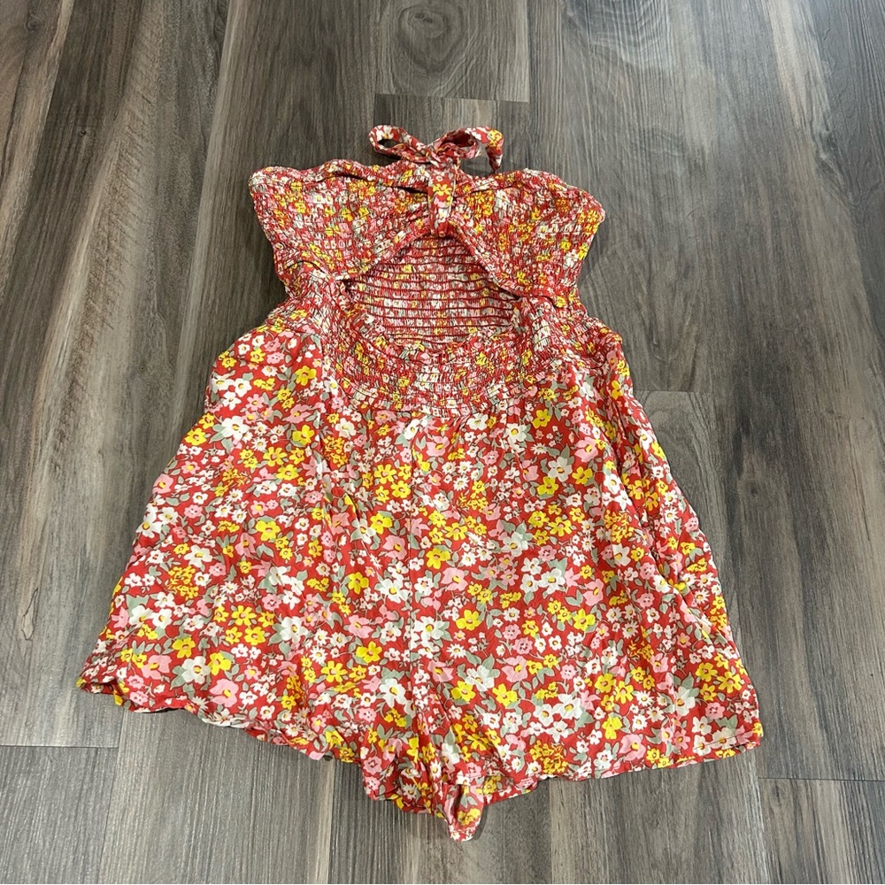 Orange and pink floral strapless romper